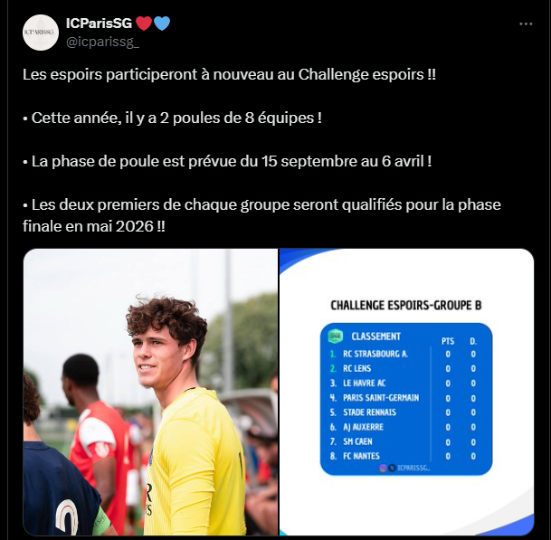 PSG Espoirs - Two groups set for Challenge 2026  