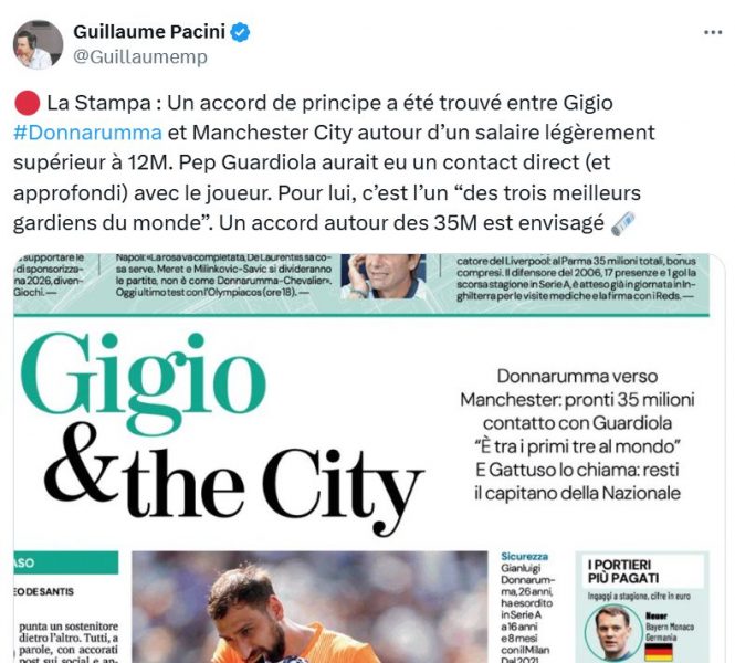 Transfer – Donnarumma, agreement with Manchester City announced!  