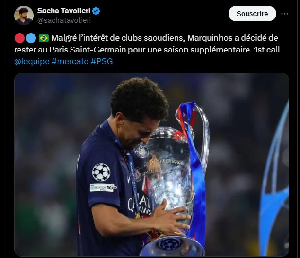Transfer - Marquinhos rejects Saudi interest and stays at PSG!  
