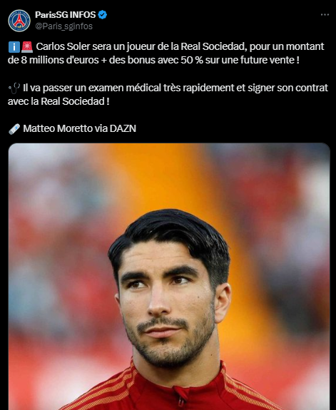Transfer – Carlos Soler heads to Real Sociedad for 8 million euros  