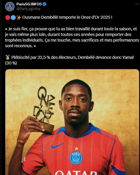 PSG – Ousmane Dembélé wins the prestigious 2025 Golden Onze  
