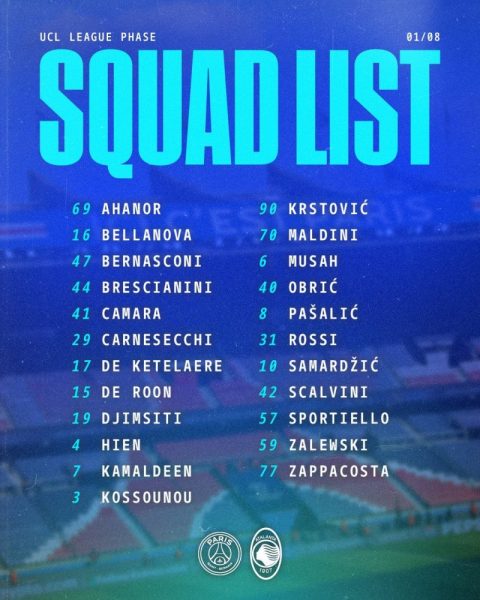 PSG vs Atalanta – The Italian squad: 4 absentees, Lookman left out  