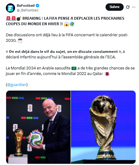 FIFA considers moving all World Cups to winter  