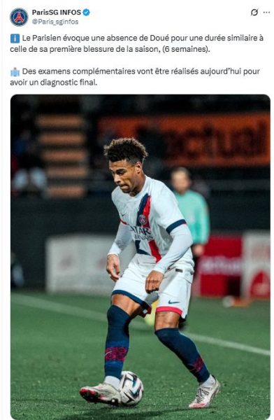 Initial indications of Doué's injury  