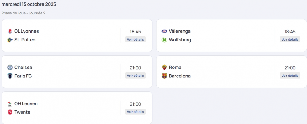 The match schedule for the second day of the Women's Champions League  
