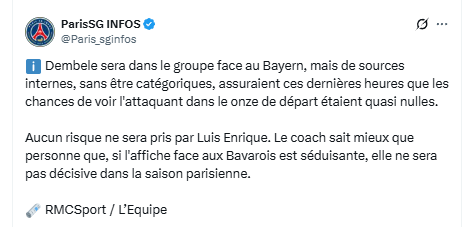 PSG vs Bayern Munich – Dembélé in the squad, but not in the starting lineup?  