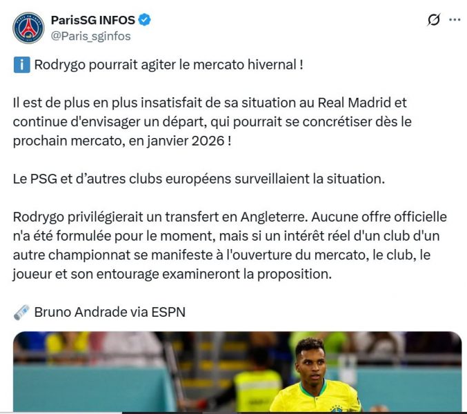 Transfer – Rodrygo leaving as early as January? PSG are keeping a close eye on him  
