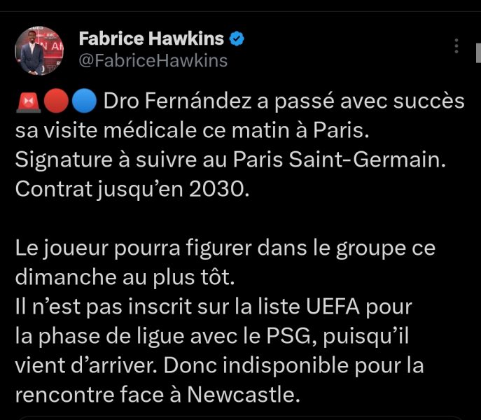 Transfer - Dro Fernandez to PSG, medical examination successful Transfer - Dro Fernandez to PSG, medical examination successful