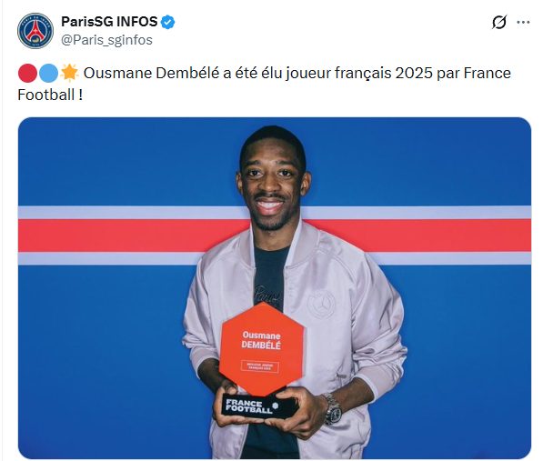 Ousmane Dembélé voted French player of 2025! Ousmane Dembélé voted French player of 2025!