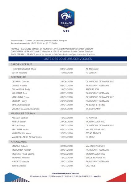 The France U16 squad list for February, with PSG well represented The France U16 squad list for February, with PSG well represented