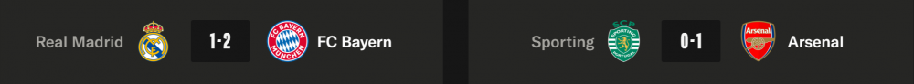 Champions League - Tuesday's quarter-final first-leg results Champions League - Tuesday's quarter-final first-leg results