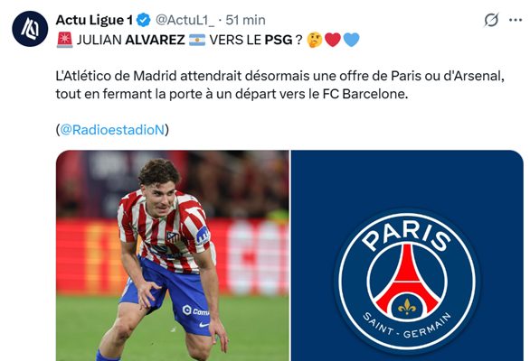 Transfer – Atlético Madrid are waiting for PSG or Arsenal to make a move for Alvarez! Transfer – Atlético Madrid are waiting for PSG or Arsenal to make a move for Alvarez!