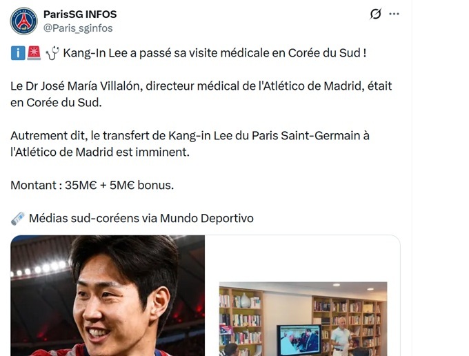 Transfer news – Lee Kang-In has reportedly undergone his medical with Atlético Madrid! Transfer news – Lee Kang-In has reportedly undergone his medical with Atlético Madrid!