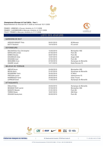 The France U17 squad list for November, featuring 5 PSG players The France U17 squad list for November, featuring 5 PSG players
